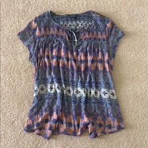 Lucky Brand Blue and Orange Pleated V-Neck Blouse